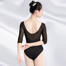 Women Black Mesh Dance Leotards Three Quarter Sleeve Ballet Leotards Adult Ballet Practice Dance Costume Gymnastics Leotards