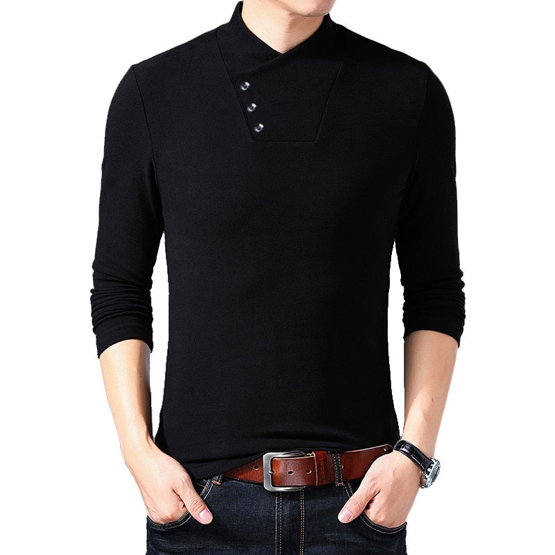 BROWON Spring Fashion Slim Fit T Shirt Men Cotton Tshirt Men Long Sleeve Irregular Collar Solid Color Men Clothes 2022