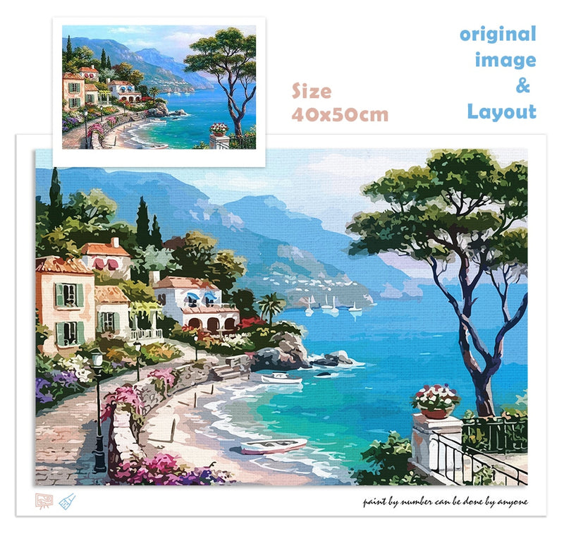 CHENISTORY Mediterranean Sea Landscape DIY Painting By Numbers Kits Paint On Canvas With Wooden Framed For Home Wall Deocr Gift