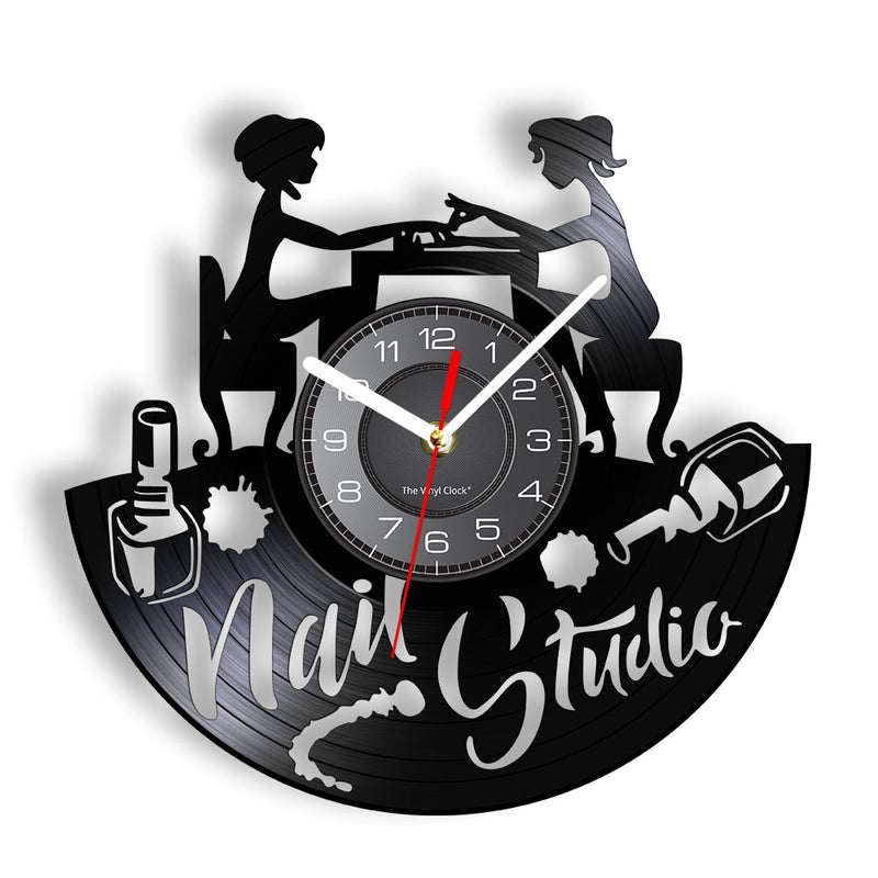 Reloj de pared con diseño de manicura, tienda de belleza a la moda, arte de pared, salón de uñas, disco de vinilo, reloj de pared, belleza de uñas, decoración del hogar, regalo para ella