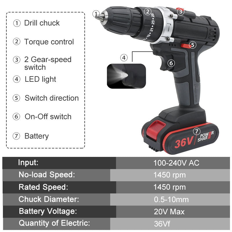 Rechargeable Home Pistol Electric Drill Cordless Impact Drill 2 Speed Forward Reverse Electric Screwdriver Woodworking Tool