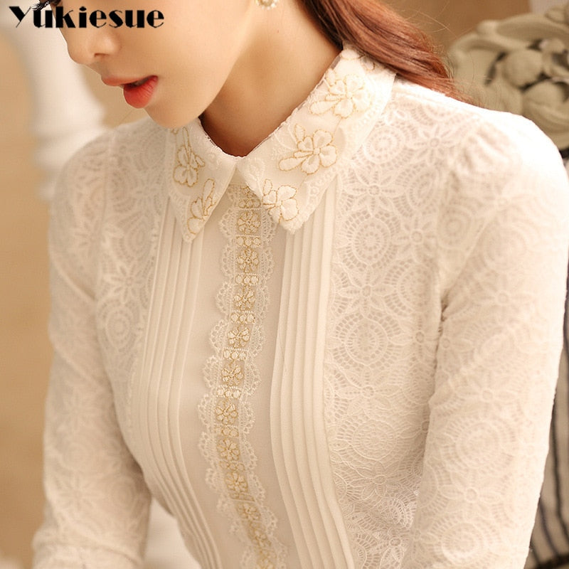 women tops white lace blouse shirt womens tops and blouses long sleeve women shirts elegant blusas camisas mujer