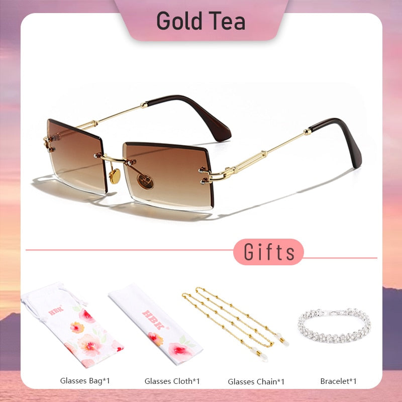 HBK Fashion Rimless Sunglasses Women TOP QUALITY Trendy Small Rectangle Sun Glasses Summer Style UV Gold Brown Shades for men