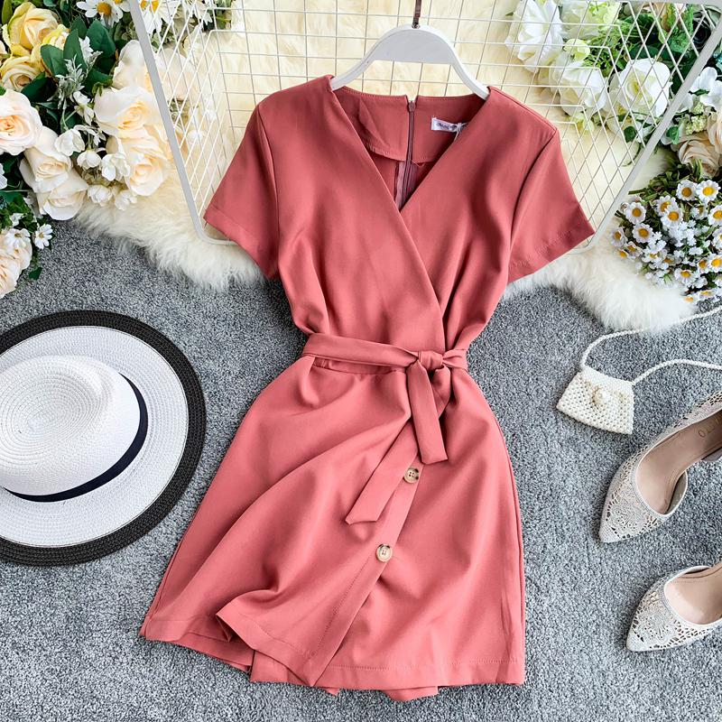 FMFSSOM New Edition Cultivate Morality Short Sleeve Suit Collar Tall Waist Conjoined Shorts Show Thin Wide-legged Pants