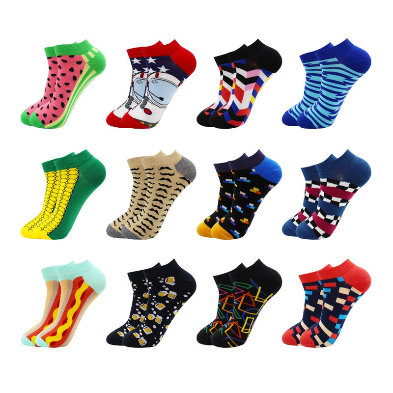 6-12 Pairs Novelty Funny Casual Ankle Socks Fashion Colorful Harajuku Fruit Animal Grid Cotton Men Socks Slippers