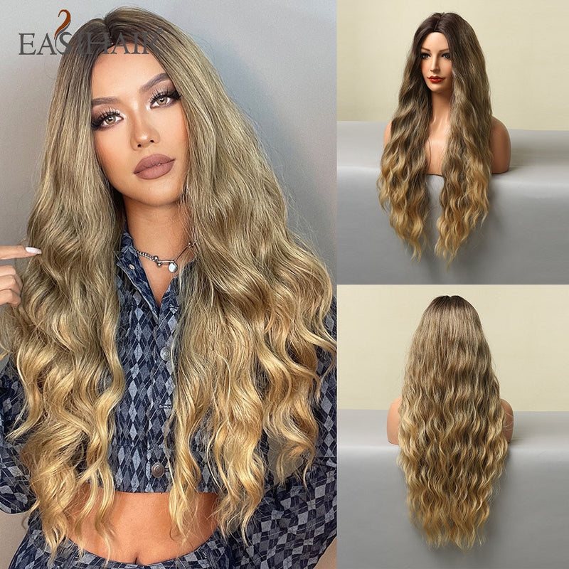 EASIHAIR Long Light Blonde Ombre Natural Wave Style Wigs Heat Resistant Synthetic Wigs Middle Part Hair Cosplay Wigs for Women