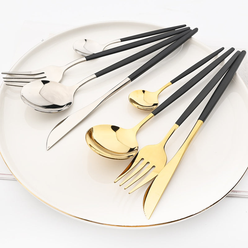 24 unids/set de vajilla de acero inoxidable, juego de cubiertos dorados, cuchillo de cena, tenedor, cuchara de café, vajilla, juegos de cubiertos de cocina