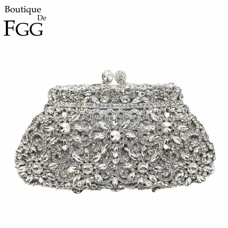 Boutique De FGG Flower Crown Minaudiere Clutch Silver Crystal Evening Handbag Women Party Prom Bag Bridal Clutches Wedding Purse