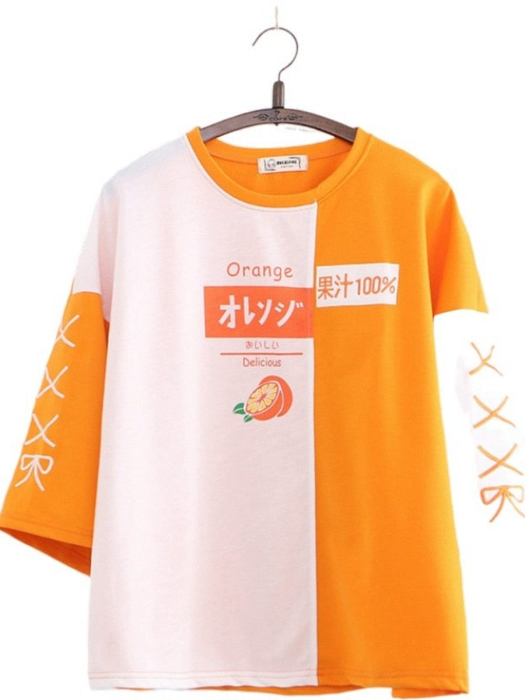 Korean Fashion Sommer Frauen T-Shirt Kawaii Kleidung Orange Stickerei Patchwork Kurzarm Baumwolle T-Shirt Cute Sweet Girls Tops