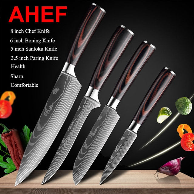 Japanese Kitchen Knife Set Laser Damascus Pattern Stainless Steel  Sharp Cleaver Slicing Utility Knives Kitchen Tools