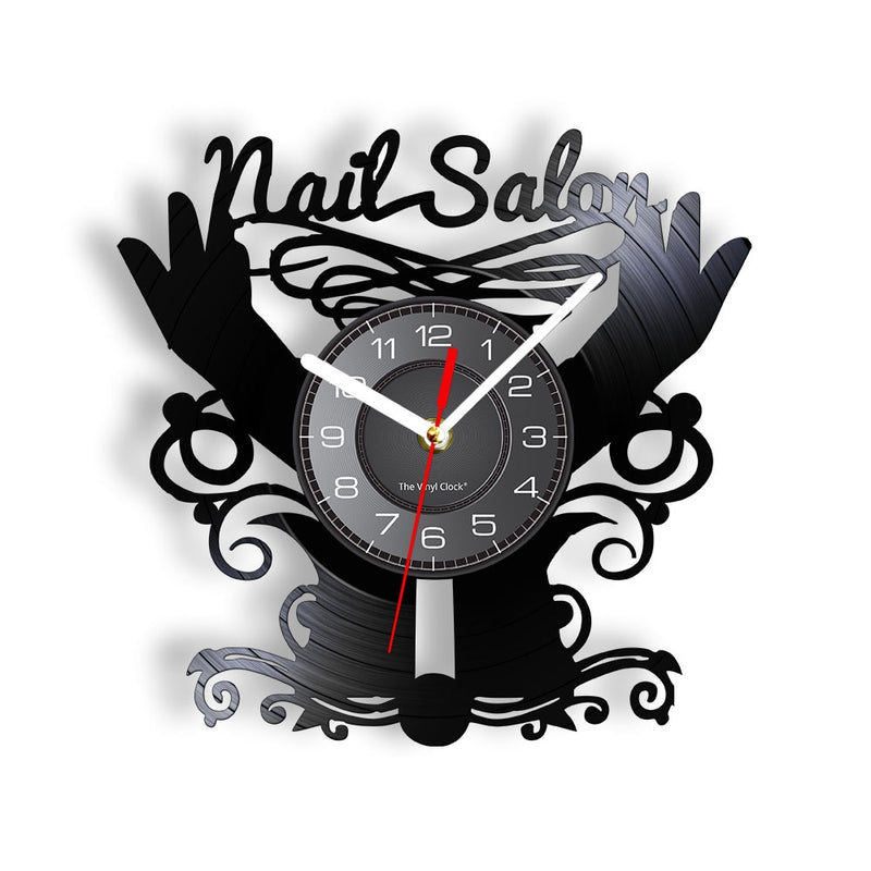 Reloj de pared con diseño de manicura, tienda de belleza a la moda, arte de pared, salón de uñas, disco de vinilo, reloj de pared, belleza de uñas, decoración del hogar, regalo para ella