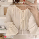 Cute Fairy Chic Tops Korea Japan Style 2022 Autumn Flare Sleeve Casual Beige Color Women Lace-Up Bow Tie Top and Blouses