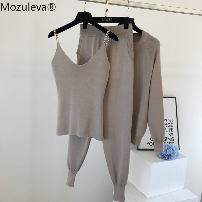 mozuleva  Women 2022 Autumn Winter Knitted  Vest Zipper Cardigans Pants 3pcs Sets Tracksuits Outfits