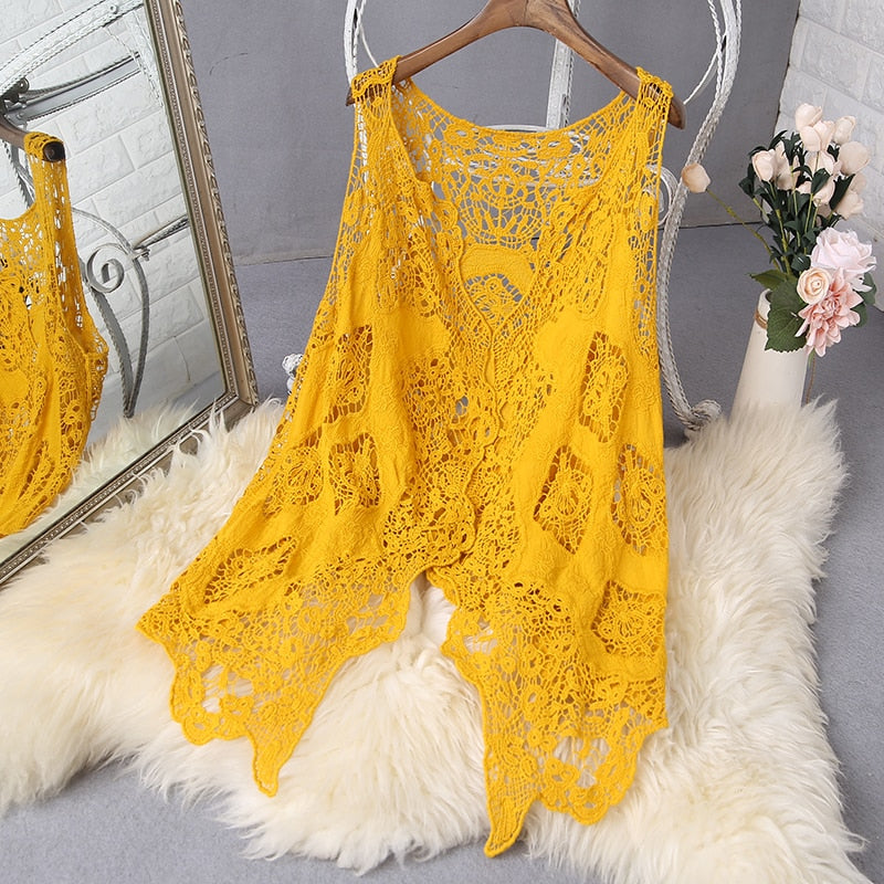 Hippie Froral parche diseño chaleco Retro Vintage Crochet verano playa cubrir Top asimétrico punto abierto Kimono cárdigan 2022