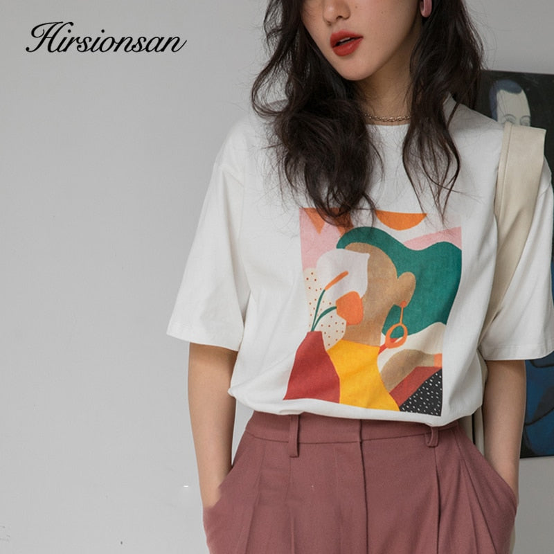 Hirsionsan Aesthetic Printed T Shirts Women 2021 New Soft Vintage Loose Tees Abstract Graphic Cotton Tshirts Summer Casual Tops