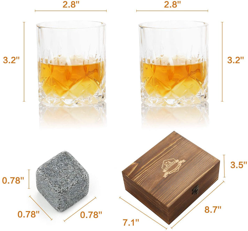 Whiskey Stones &amp; Glasses Set, Granite Ice Cube For Whisky, Whiski Chilling Rocks In Wooden Box, Best Gift For Dad Husband Men