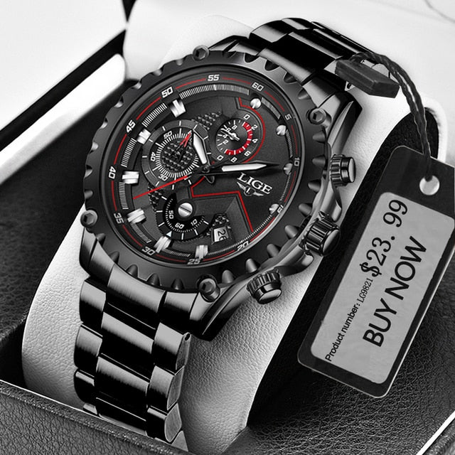 LIGE Fashion Mens Watches Top Luxury Brand Silver Stainless Steel 30m Waterproof Quartz Watch for Men Army Military Chronograph