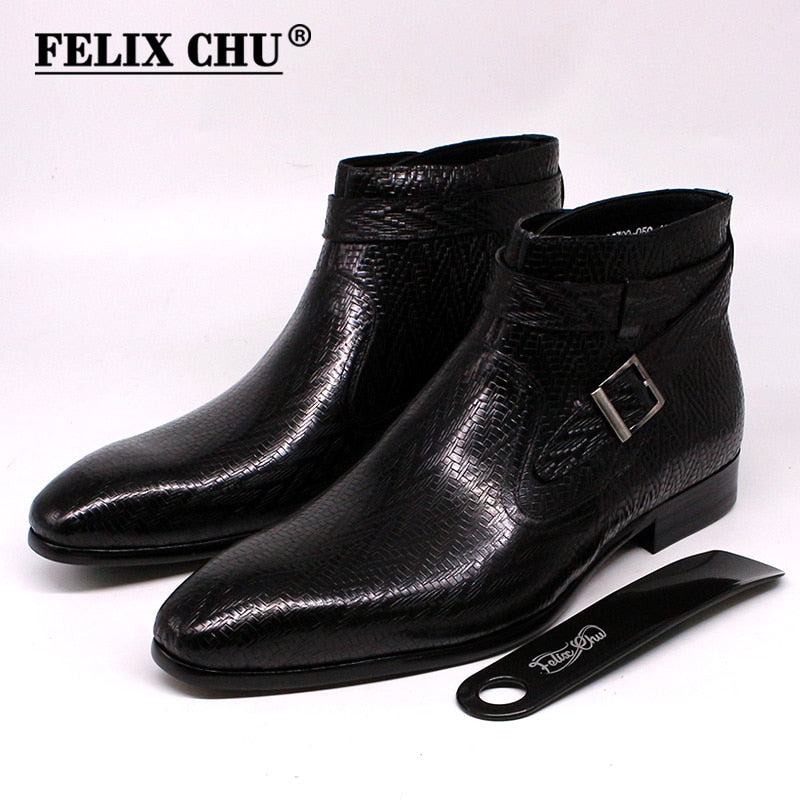 Botines hechos a mano para hombre Felix Chu, botas de moto de cuero genuino para hombre, zapatos de vestir altos con correa de hebilla roja negra para hombre