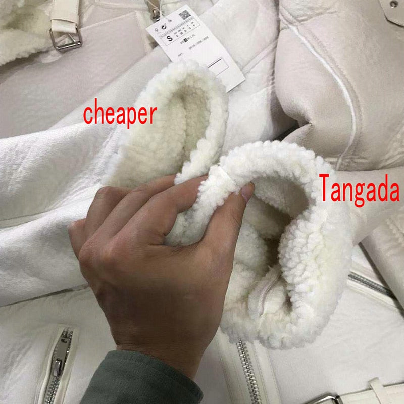 Tangada Women beige fur faux leather jacket coat with belt turn down collar Ladies 2021 Winter Thick Warm Oversized Coat 5B01