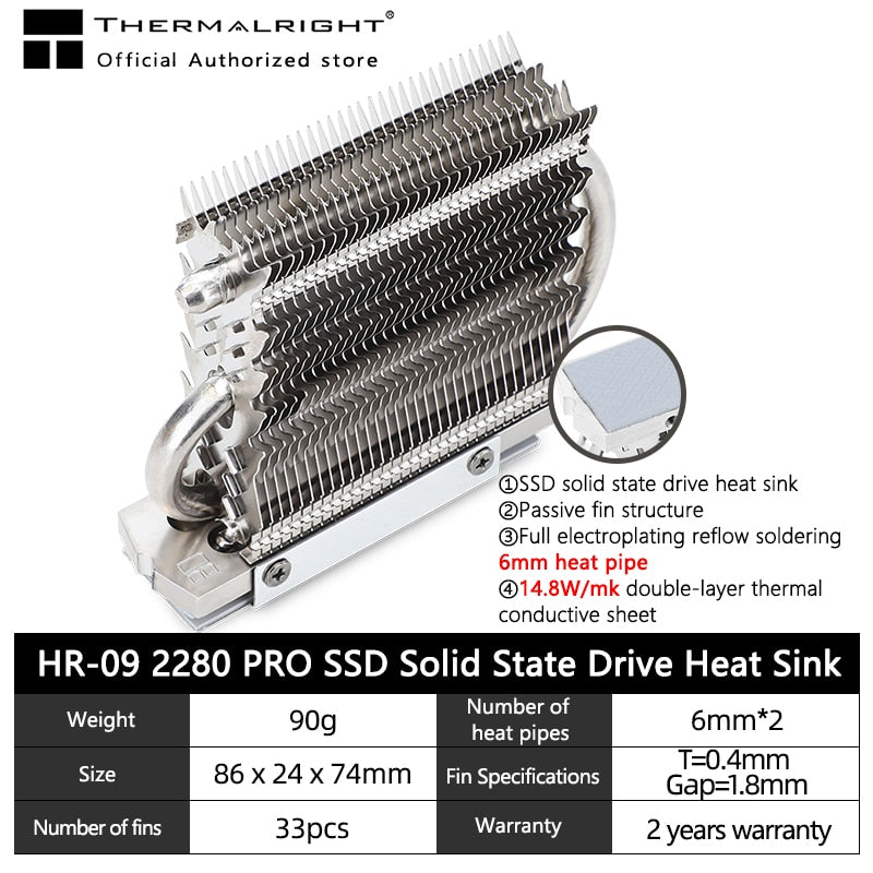 Thermalright HR-09 2280/HR-09 2280 PRO M.2 Solid State Drive AGHP Heatpipe Radiator SSD-Kühler Vollständig galvanisiert