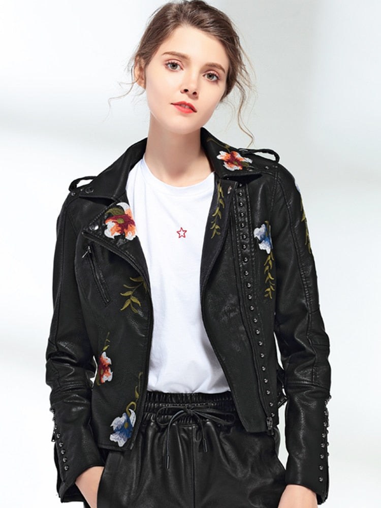 Ftlzz Frauen Blumendruck Stickerei Faux Weiche Lederjacke Mantel Umlegekragen Lässige Pu Motorrad Schwarz Punk Oberbekleidung