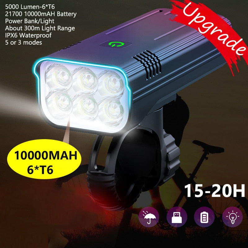 10000mAh Bike Light USB Rechargeable 5000 Lumens Bike Headlight 6T6 LED Super Bright Flashlight Front Lights and Back Rear light