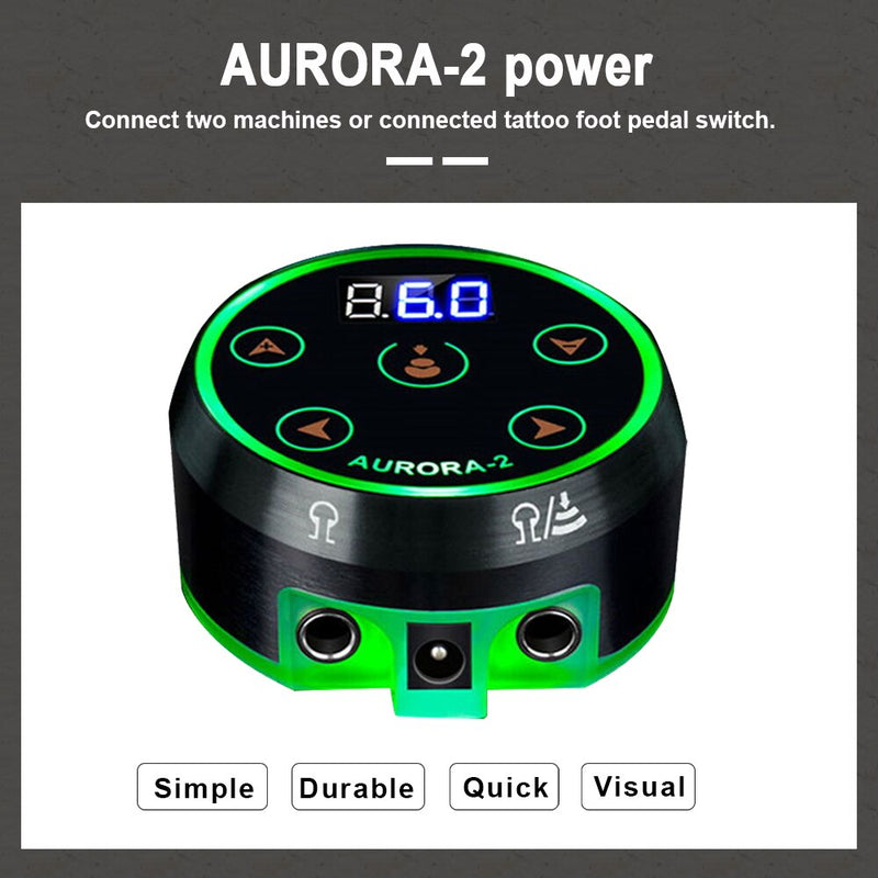 Mini pluma de tatuaje fuente de alimentación Aurora2 fuente de alimentación LCD voltaje colorido verde con adaptador para máquina rotatoria de pluma y bobina de tatuaje