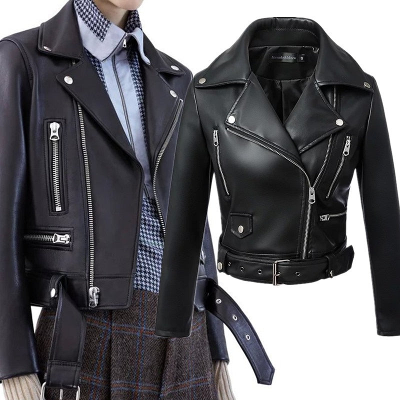 Ailegogo, nueva chaqueta de piel sintética negra para mujer, chaquetas cortas de piel sintética suave para otoño e invierno, abrigo de motociclista con cinturón y cremallera