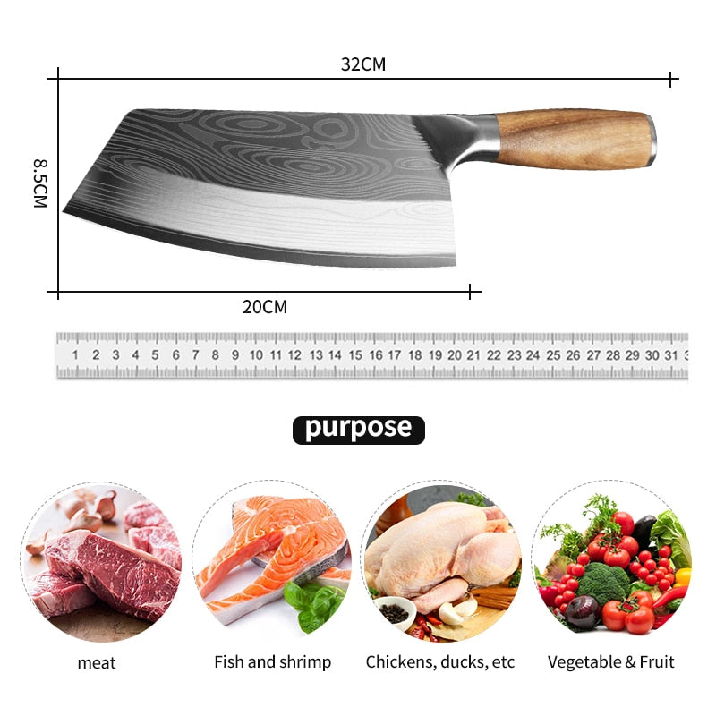 Kitchen Knife Damascus Laser Pattern Chinese Chef Knife Stainless Steel Butcher Meat Chopping Cleaver Knife Vegetable Cutter