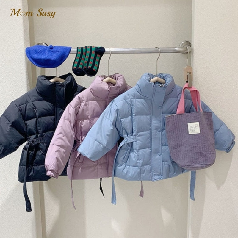 Fashion Baby Boy Girl Cotton Padded Jacket Winter Infant Toddler Child Coat Waist Belt Warm Thick Outwear Baby Clothes 2-10Y