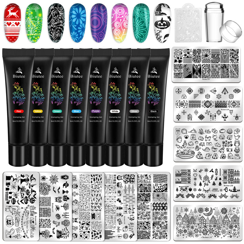 Biutee 8Colors Kit Nail Stamping Gel Polish Set 8ml Stamp Print Oil UV Gel Vanish Soak Off Varnish For Nail Art Stamping Plates