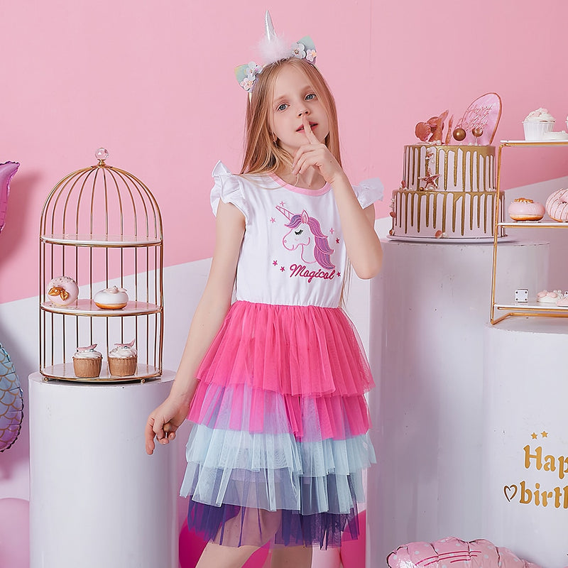 DXTON Mädchen Kleidung für Sommer Prinzessin Kleider Kinder Flare Ärmel Einhorn Druck Kleid Mädchen Party Kleider Kinder Kleidung 3-8 Jahre