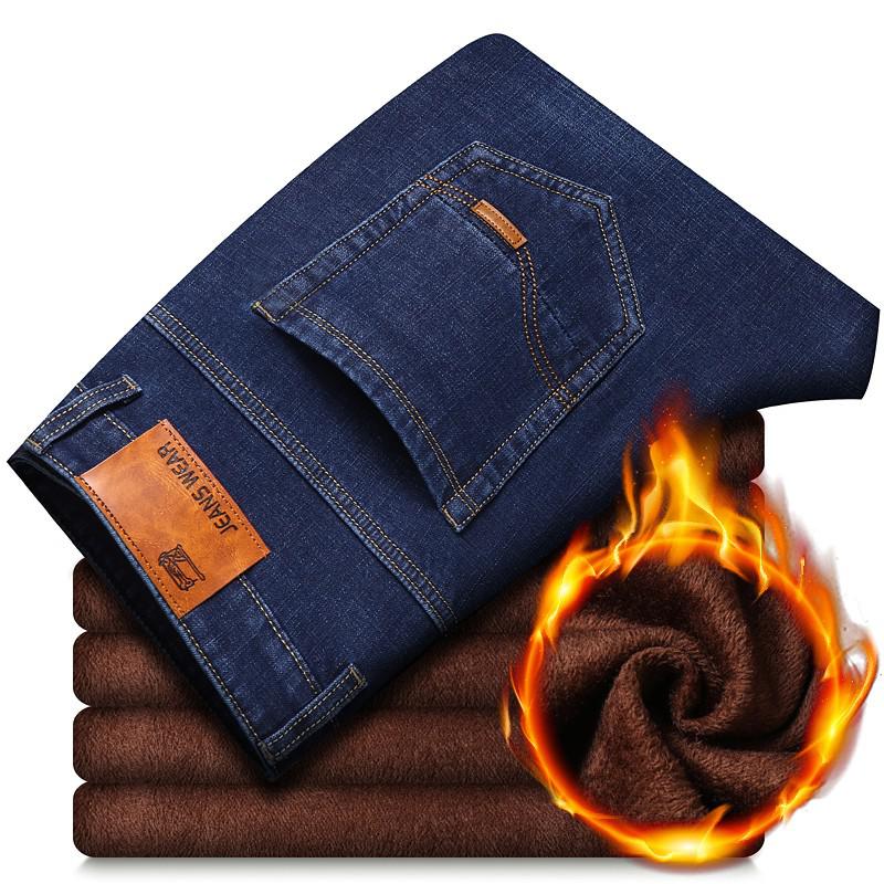 Pantalones vaqueros elásticos de franela cálidos térmicos de invierno para hombre, pantalones de lana de marca famosa de calidad, pantalones rectos flocados para hombre, pantalones vaqueros para hombre