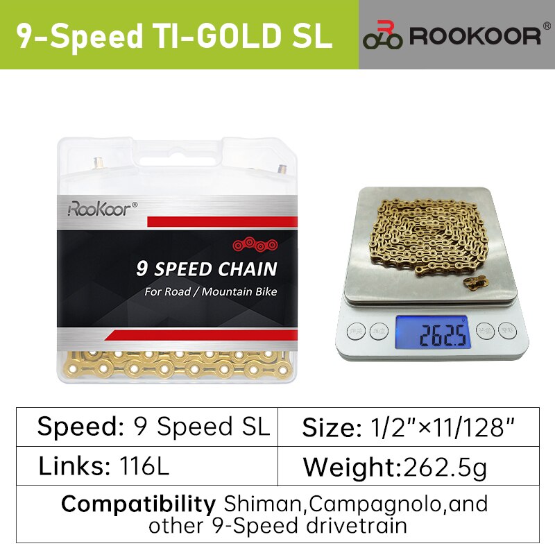 Rookoor 6 7 8 9 10 11 Speed Bicycle Chain Titanium Plated Gold TI-Gold Silver Road Mountain Bike MTB EL Hollow Chains 116 Links