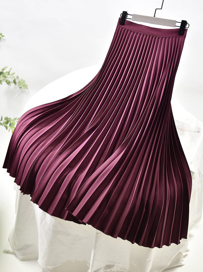 Diseñador de marca Mujer Primavera Otoño Elegante Chic Sólido Falda plisada Cintura alta Moda de lujo con elástico Mujer C-035