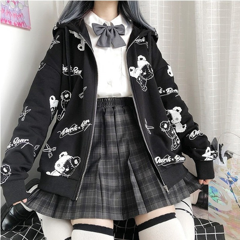 Deeptown Gothic Sweatshirt Women Black Zip Up Hoodie 2022 Fashion Autumn Clothes E Girl Hoodies Korean Long Sleeve Emo Pullover