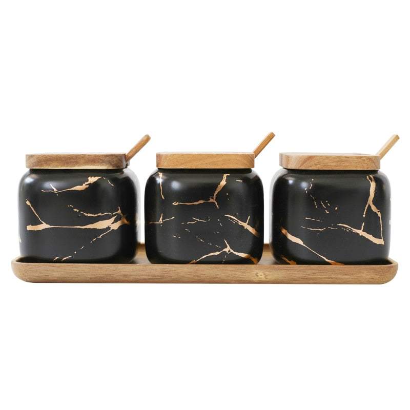 Juego de tanque de condimentos de cocina de cerámica con diseño de mármol de estilo nórdico de lujo cubierta de madera salero tarro de especias accesorios de cocina