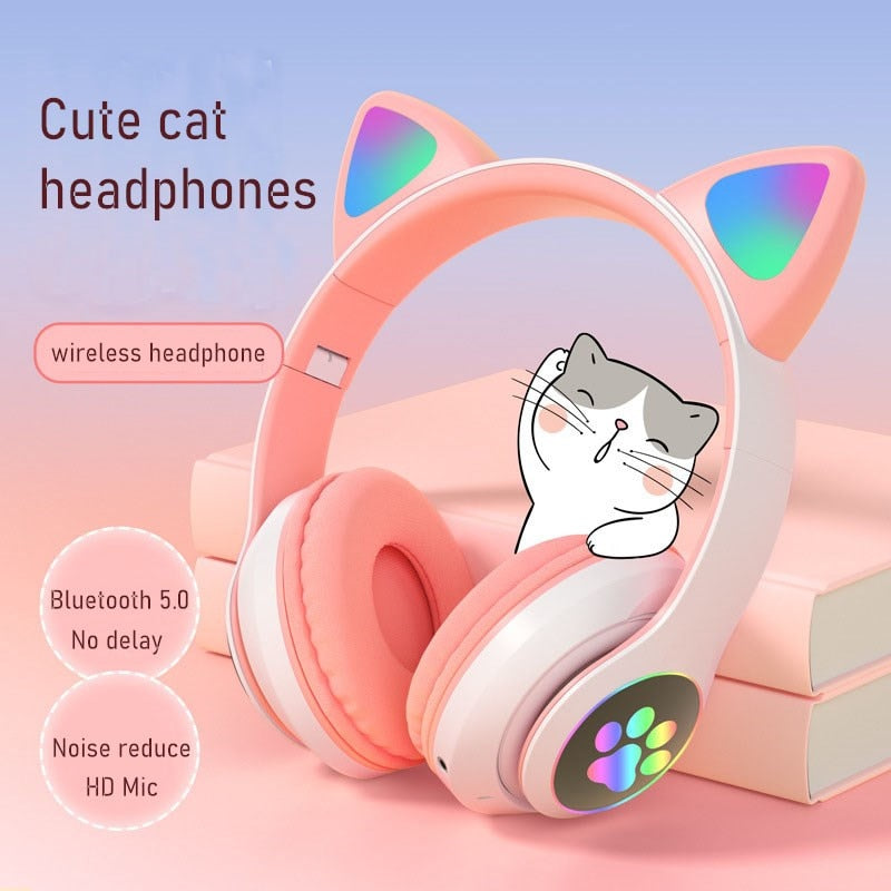 Flashing LED Cute Cat Ears Headphones Bluetooth Wireless Headset with Mic TF FM Kid Girl Stereo Music Earbud Kitten Earphon Gift