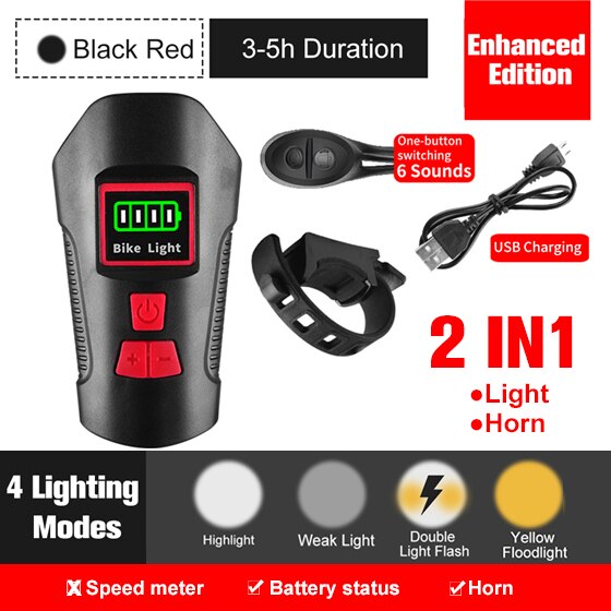 Luz de bicicleta recargable por USB, odómetro de bicicleta, linterna de luz delantera con ordenador, velocímetro LCD, cabeza de ciclismo, bocina de linterna