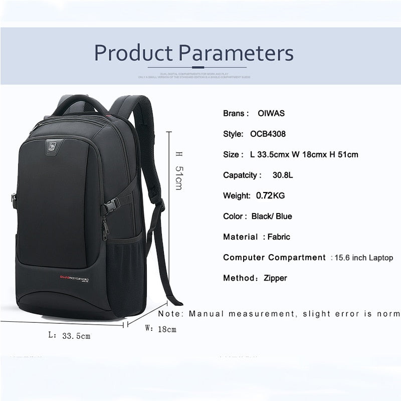 OIWAS Travel Multifunction Backpack Fashion Zipper Open Bag Men&