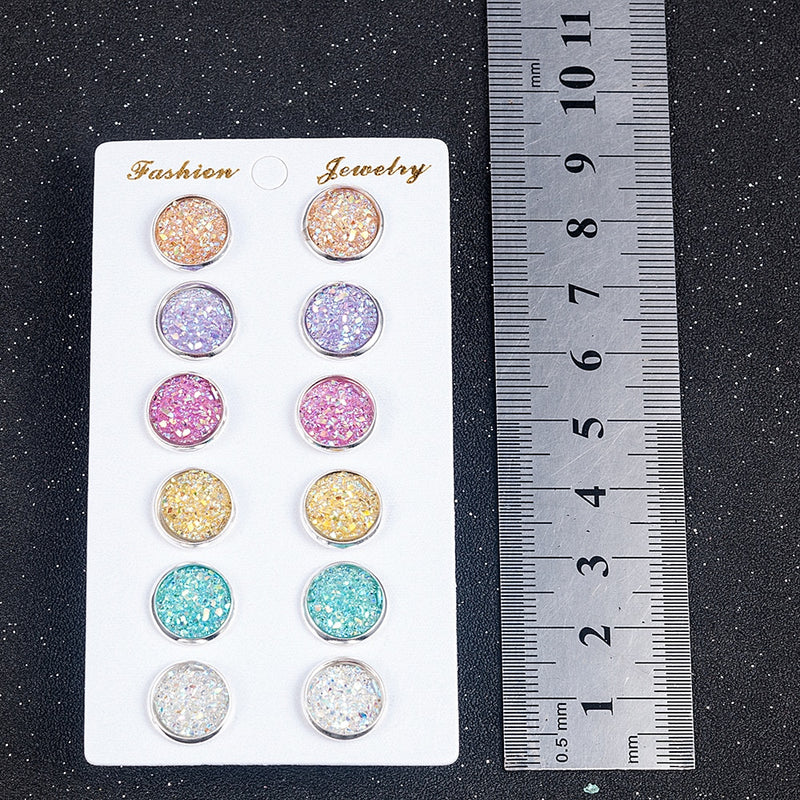 1/6 Pairs Colorful Drusy Resin Cabochon Stud Earrings Round Shape Piercing for Women Earrings Set Fashion Jewelry Party Gift