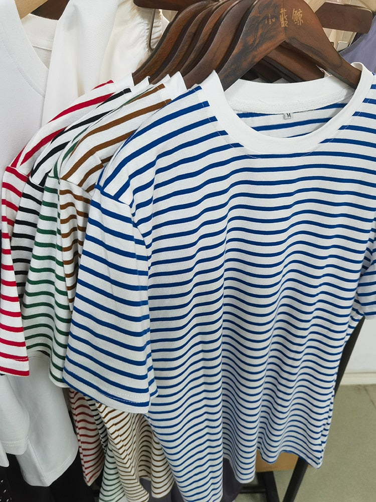 Bornladies Summer Short Sleeve Striped T-Shirts Women Knitted Basic Casual Tops Female Cozy Loose Cotton Tee 2023 Harajuku Shirt