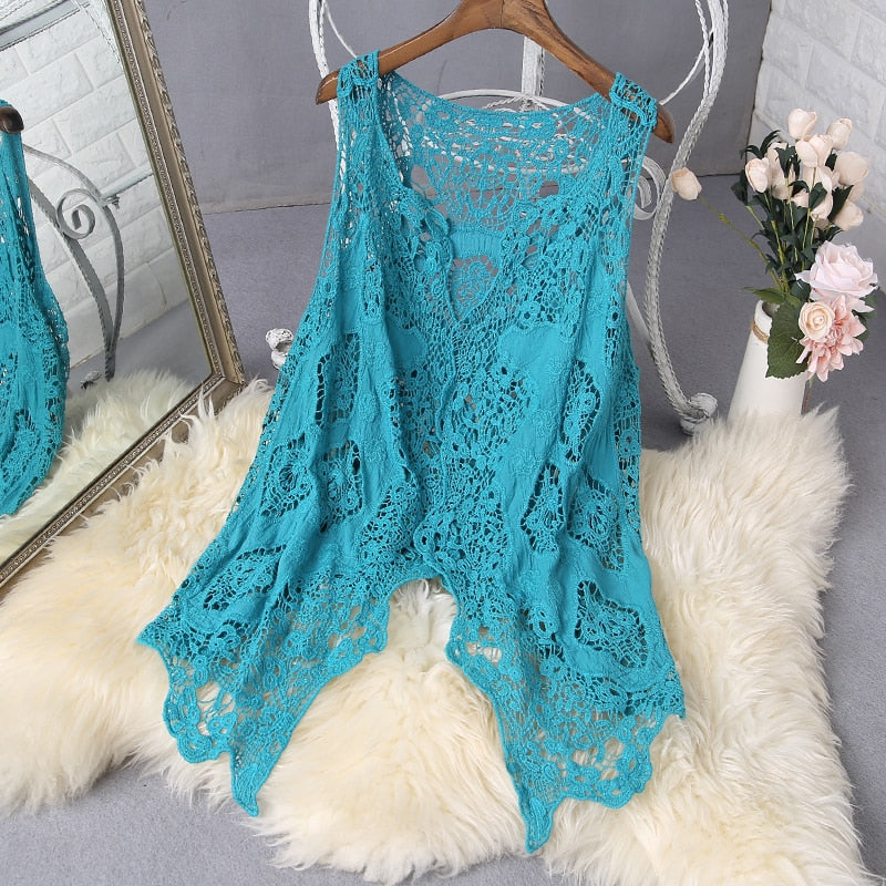 Hippie Froral Patch Design Vest Retro Vintage Crochet Summer Beach Cover Up Top Asymmetric Open Stitch Kimono Cardigain 2022