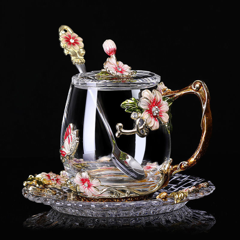 Taza de café esmaltada de belleza y novedad, tazas de cristal de té con flores para bebidas frías y calientes, juego de cuchara y taza de té, regalo de boda perfecto