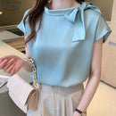 Casual Plus Size Female Clothing 2022 Summer Short Sleeve Silk Satin Blouse Women O Neck Bow Women Shirts Tops Blusas 14342