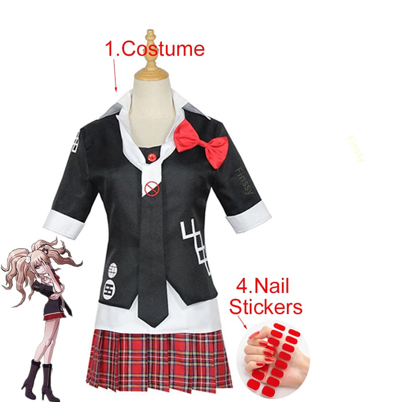 Anime Danganronpa Cosplay Kostüm Enoshima Junko Uniform Cafe Arbeitskleidung Kurzer Rock Doppelschwanz Braid Perücke