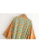 Vintage chic Women yellow Floral Print Sashes beach bohemian Kimono Ladies V Neck batwing Sleeves Maxi robe Boho bikini cover-up