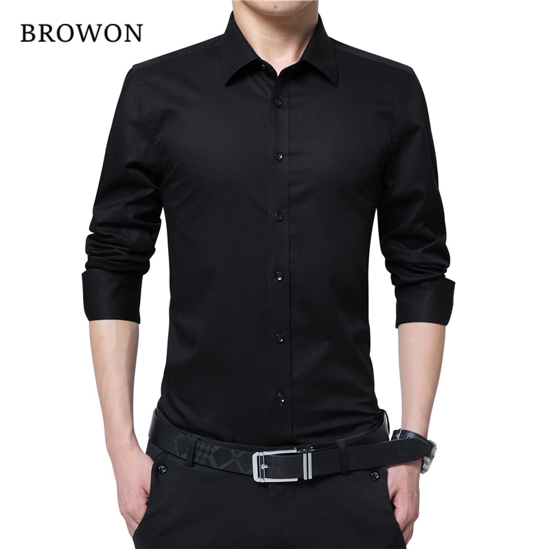 BROWON Men Fashion Blouse Shirt Long Sleeve Business Social Shirt Solid Color Turn-neck Plus Size Work Blouse Brand Clothes