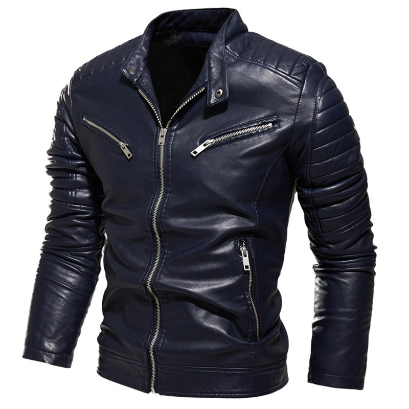 2022 Winter Black Leather Jacket Men Fur Lined Warm Motorcycle Jacket Slim Street Fashion BLack Biker Coat Pleated Design Zipper