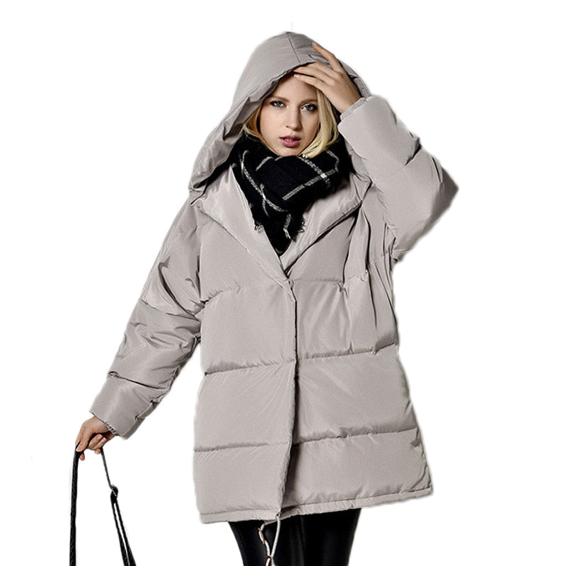 FTLZZ Winter Women Jackets 90% White Duck Down Parkas Loose  Hooded Coats Medium Long Warm Casual Pink Snow Outwear